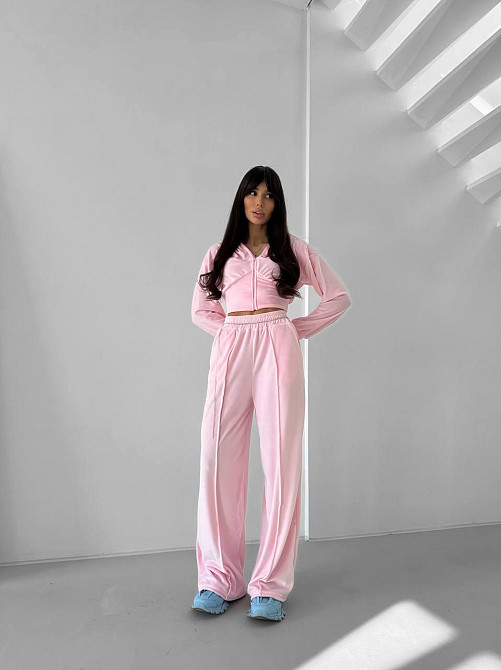 Жіночий прогулянковий костюм-двійка: кофта на блискавці та штани з велюру Рожевий, 46/48 Одеса - фото 10