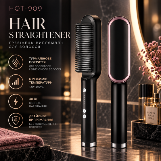 Гребень-выпрямитель Hair Straightener HQT-909, турмалиновое покрытие, 6 режимов, 130–200°C, 40 Вт Киев