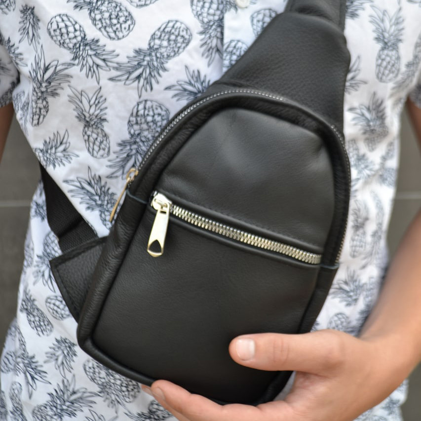 Стильная мужская сумка бананка, слинг нагрудная из кожи на молнии чёрная Idea Киев - изображение 5