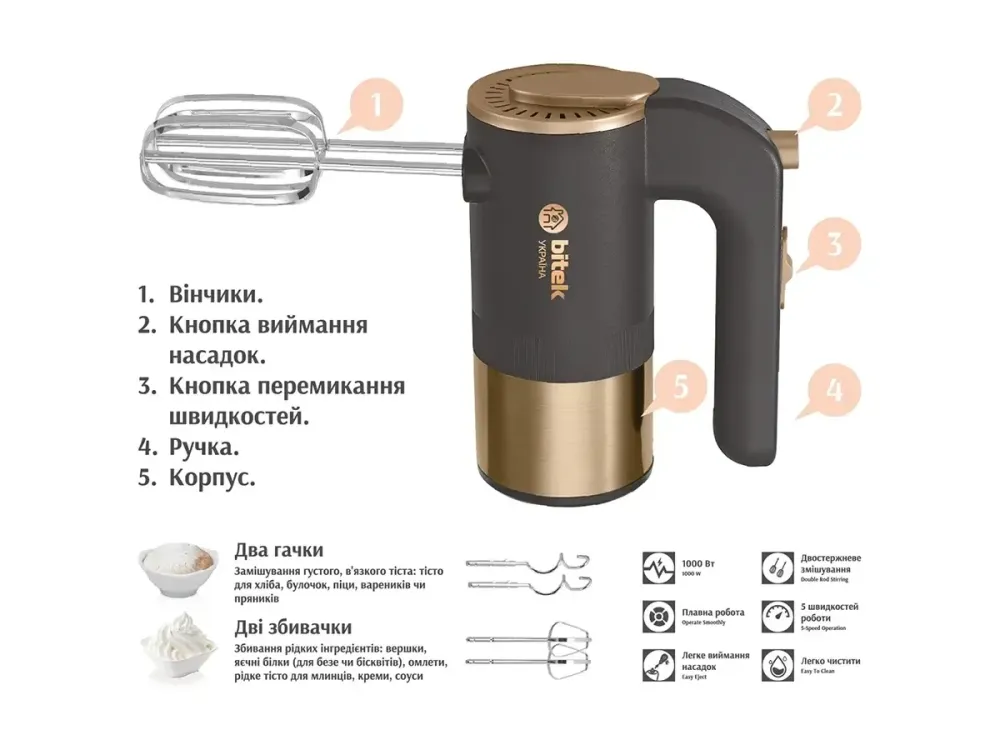 Ручной миксер BITEK BT-6642 1000 Вт, 5 скоростей, 4 насадки для взбивания и замеса теста Одесса - изображение 4