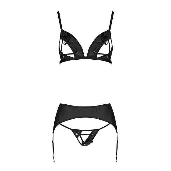 Комплект з екошкіри Passion MILEY SET L/XL, black, трусики, бюстгальтер, пояс для панчіх Sex Aura Київ