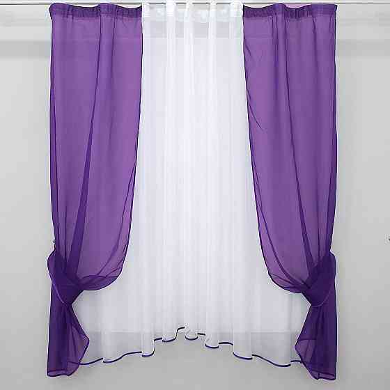 Кухонний комплект VR-Textil № 051к тюль і шторки з підв'язками фіолетовий з білим 280х170 см (50-078) Київ
