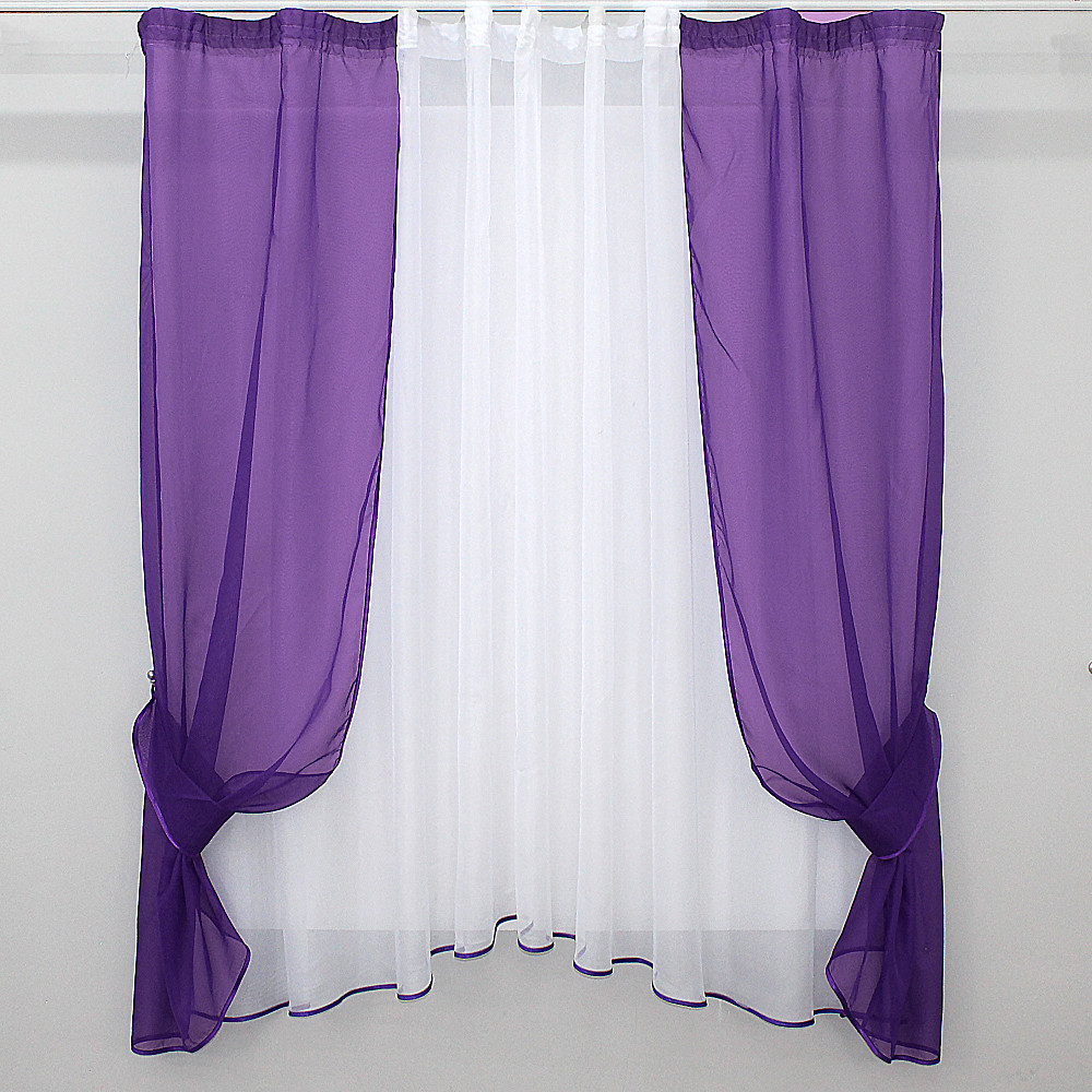 Кухонний комплект VR-Textil № 051к тюль і шторки з підв'язками фіолетовий з білим 280х170 см (50-078) Київ - фото 1