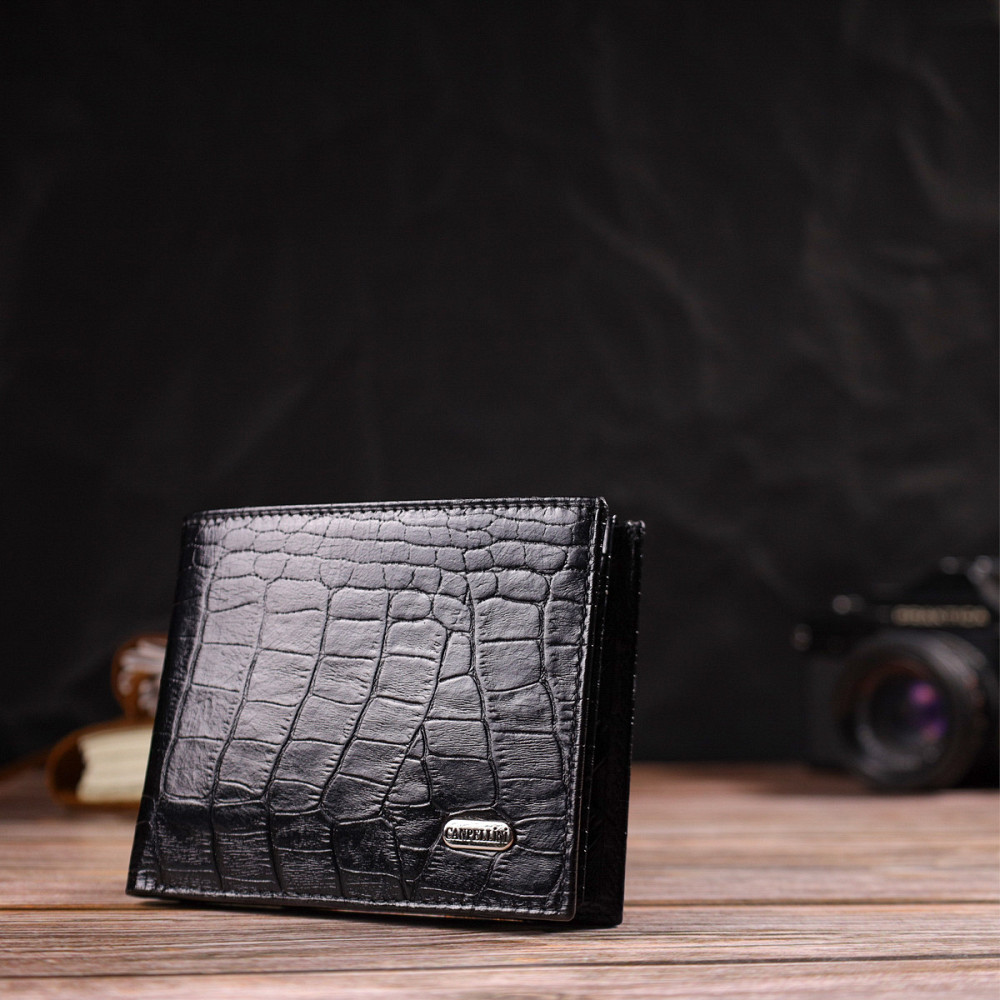 Стильне чоловіче портмоне з натуральної шкіри з тисненням під крокодила Чорний (CANPELLINI) Київ - фото 2