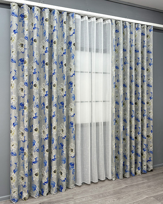 Комплект штор VR-Textil Лен Прованс 150х270 2шт и Тюль 400х270 2078ш-115т Светло-серый с синим и белым 71-213/3 Киев - изображение 3