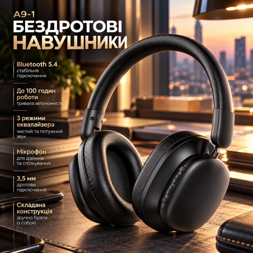 Беспроводные Bluetooth-наушники A9-1, Bluetooth 5.4, до 100 часов работы, 3 режима эквалайзера, микрофон, 3,5 мм, складные, чёрные Киев - изображение 1
