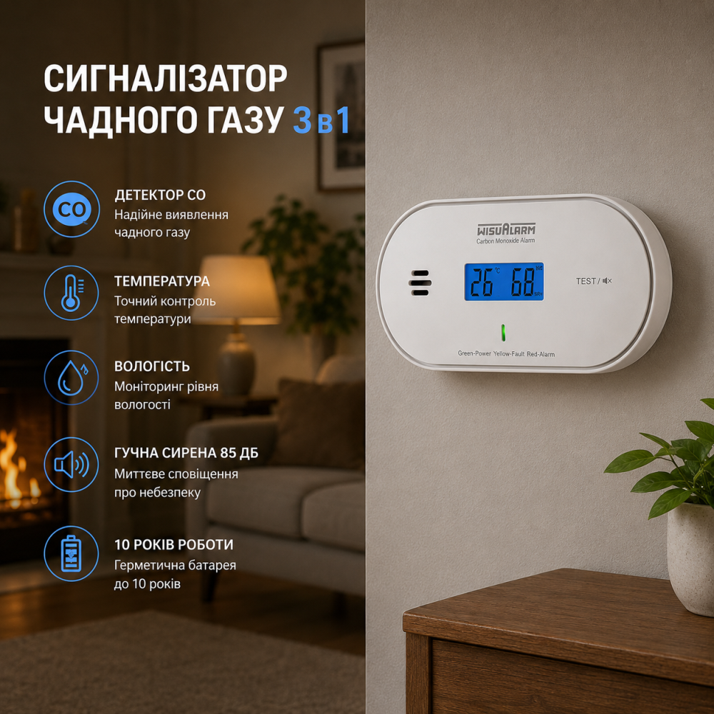 Сигнализатор угарного газа 3 в 1, детектор CO с дисплеем, температура и влажность, сирена 85 дБ, батарея до 10 лет Киев - изображение 1