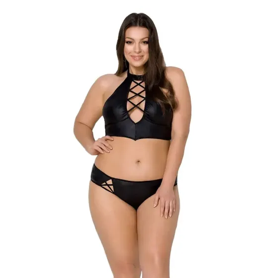 Комплект з екошкіри Passion NANACY BIKINI 4XL/5XL black, бра та трусики з імітацією шнурівки Львів