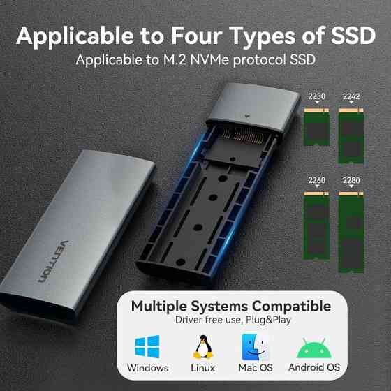 Зовнішня кишеня для SSD M.2 (NVME) M-key USB Type-C 3.2 сіра Vention Винница