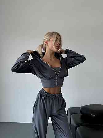 Жіночий стильний прогулянковий костюм-двійка: кофта та штани велюр-плюш Графіт, 42/46 Одеса