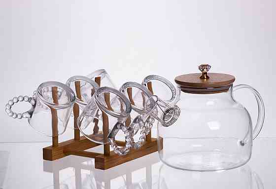 Чайный сервиз из толстого стекла 8 предметов с бамбуковой подставкой для чашек 64486-23 Киев
