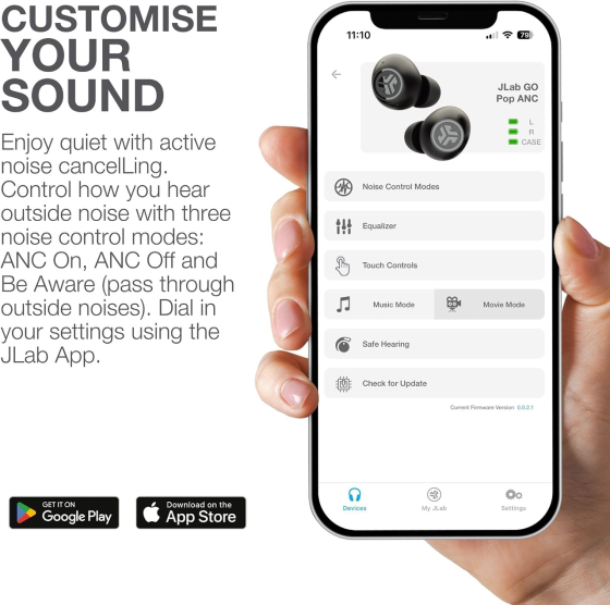 Бездротові навушники JLab Go Pop ANC TWS, Bluetooth 5.3, активне шумозаглушення ANC, Multipoint, мікрофон, чорні Київ