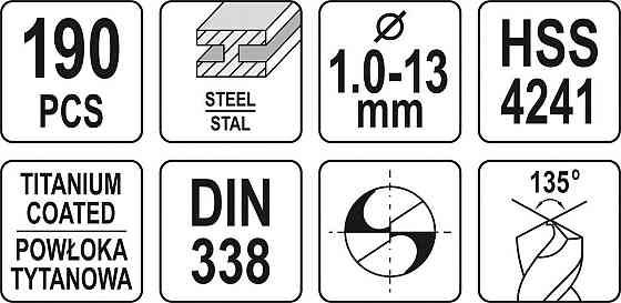 Свердла по металу титанові YATO : HSS-TiN Ø= 1-13 мм. компл. 190 шт [5/90] Одеса