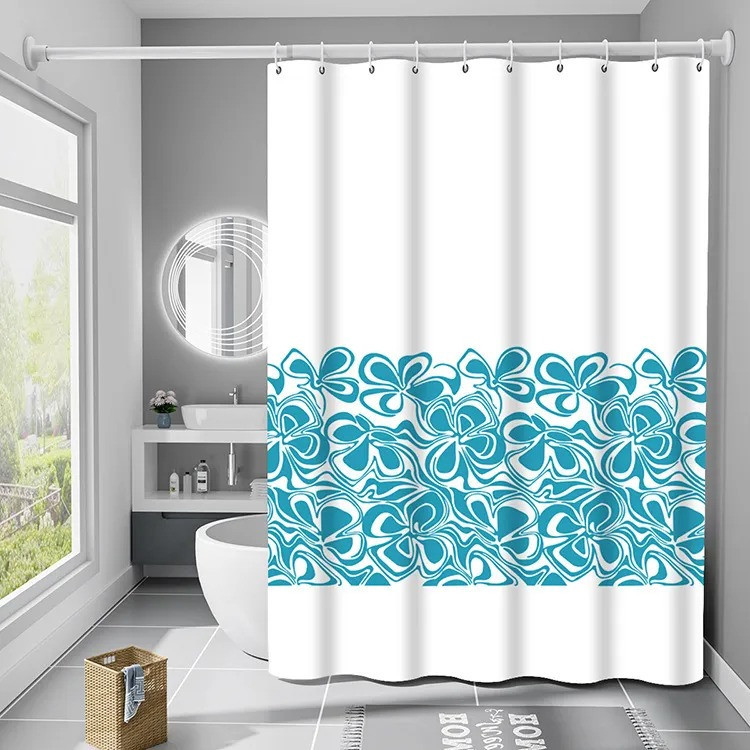 Шторка для ванной и душа с кольцами 180x180 см водоотталкивающая, шторка для ванной и душевой с крючками,белая с голубым принтом Каменец-Подольский - изображение 4