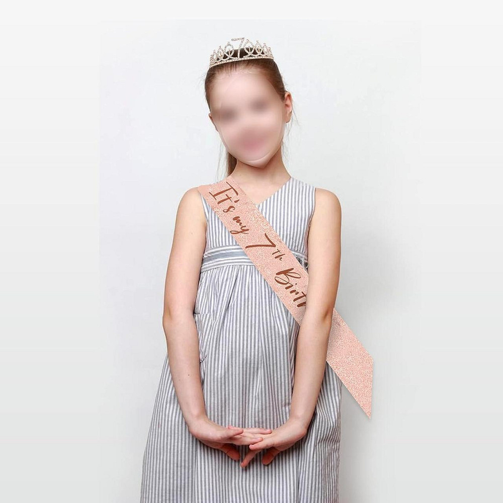 Набор SZHUIHER на 7 лет для девочки — тиара, пояс Birthday Girl, заколка и топпер, розовое золото Киев - изображение 10