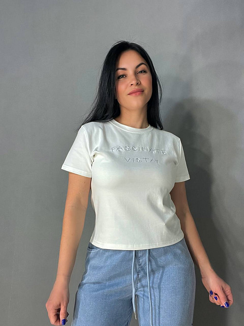 Футболка женская A-N 2632-32 надпись вышивка базовая по фигуре стандарт, белый, one size Киев - изображение 1