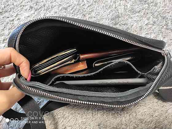 Мужская сумка бананка слинг из натуральной гладкой кожи черного цвета PS Leather Киев