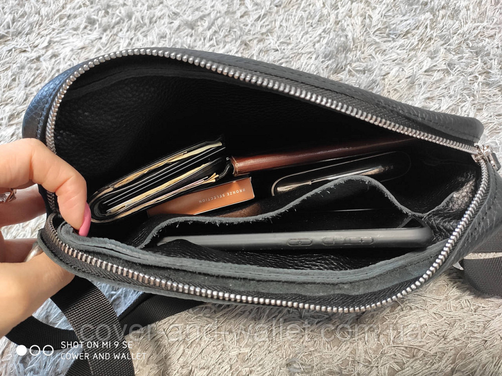 Мужская сумка бананка слинг из натуральной гладкой кожи черного цвета PS Leather Киев - изображение 3