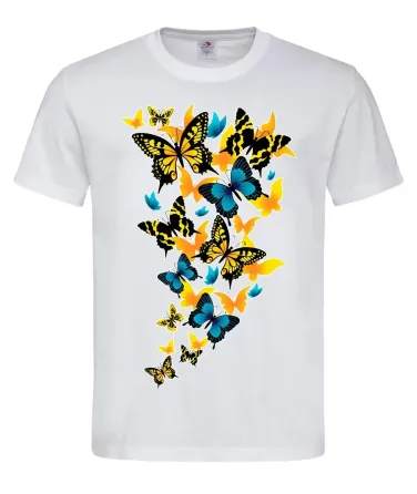 Черная футболка с желто-голубыми бабочками Белый, S Городище