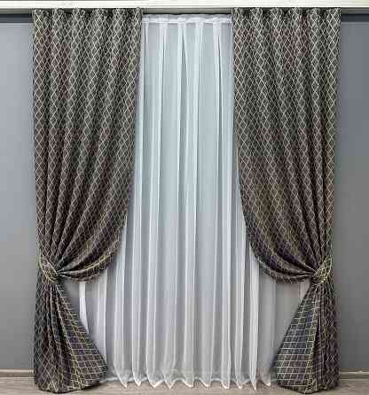 Комплект готових штор VR-Textil Жакард RUBI № 1759ш Темно-синій з бежевим 150х300 см 2 шт (33-0720) Київ