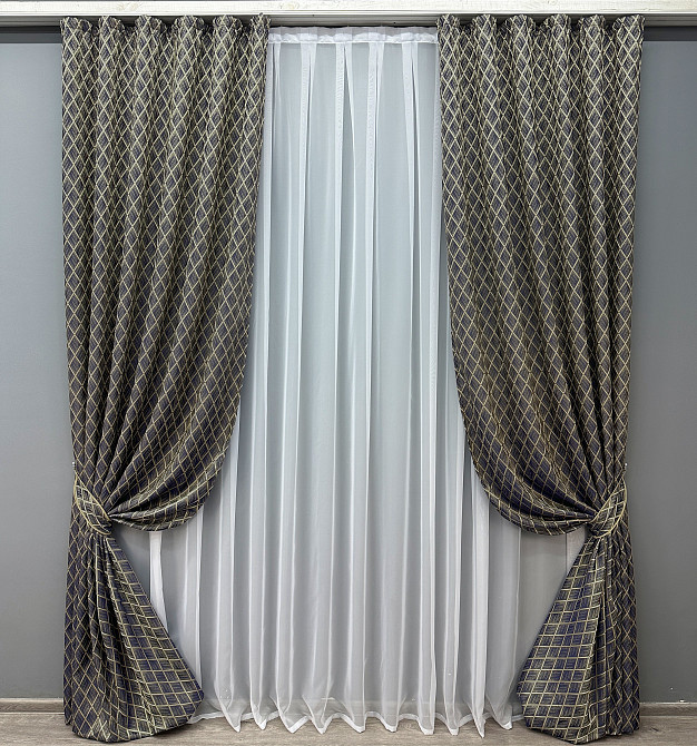 Комплект готових штор VR-Textil Жакард RUBI № 1759ш Темно-синій з бежевим 150х300 см 2 шт (33-0720) Київ - фото 2