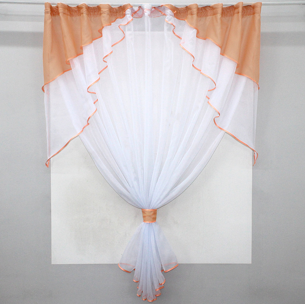 Кухонна занавіска VR-Textil № 114к ламбрекен і тюль персиковий з білим 280х170 см (52-0594) Київ - фото 1