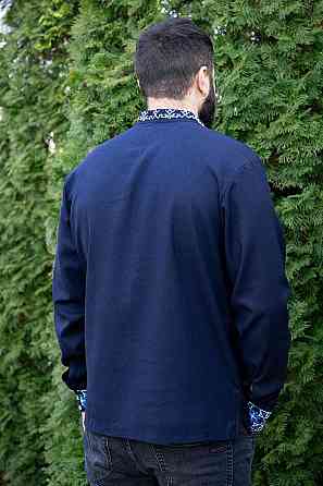 Вишиванка чоловіча, лляна, з довгим рукавом, темно-синя, лен  - , топ Київ