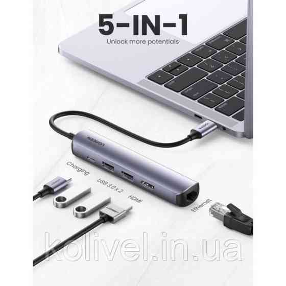 Док-станція USB3.0 Type-C --> HDMI 4K@30Hz/USB 3.0x2/RJ45/PD Ugreen CM418 Сіра (10919) Киев