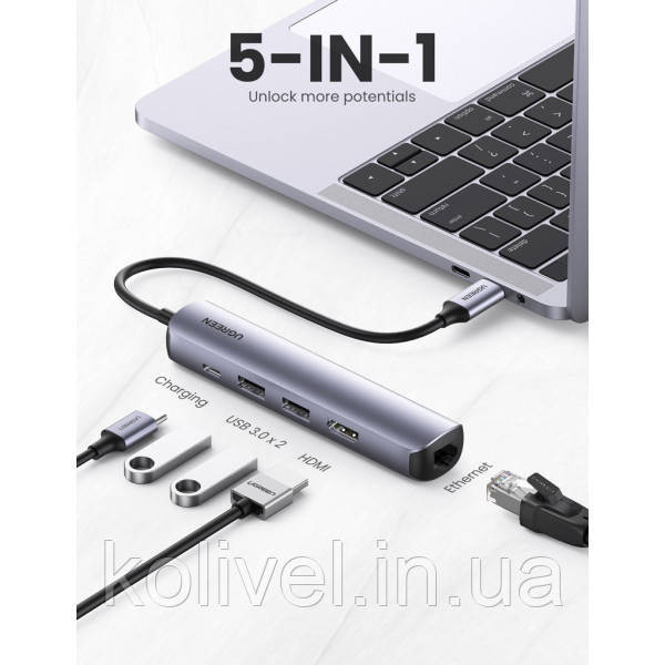 Док-станція USB3.0 Type-C --> HDMI 4K@30Hz/USB 3.0x2/RJ45/PD Ugreen CM418 Сіра (10919) Київ - фото 2