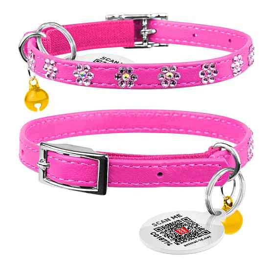 Нашийник WAUCAT Glamour з резинкою, клейовими стразами "Квітка" для котів (ширина 9мм, довжина 22-30см) рожевий Київ
