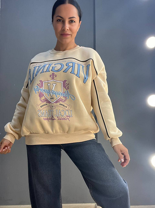 Свитшот женский OLIVIA 2468 надпись впереди VIRGINIA утепленный на флисе модель оверсайз one size, світло-бежевый, one size Киев - изображение 10
