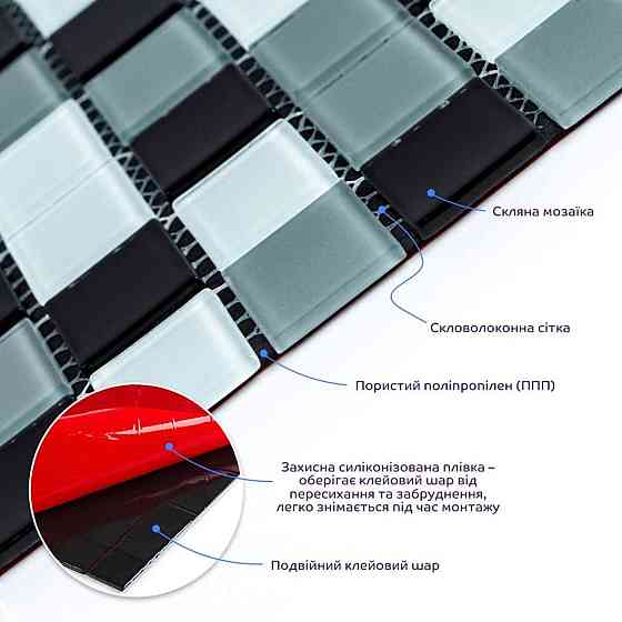 Мозаика из декоративного стекла 298х298х4,5мм Чёрно-серая SW-00002369 Киев