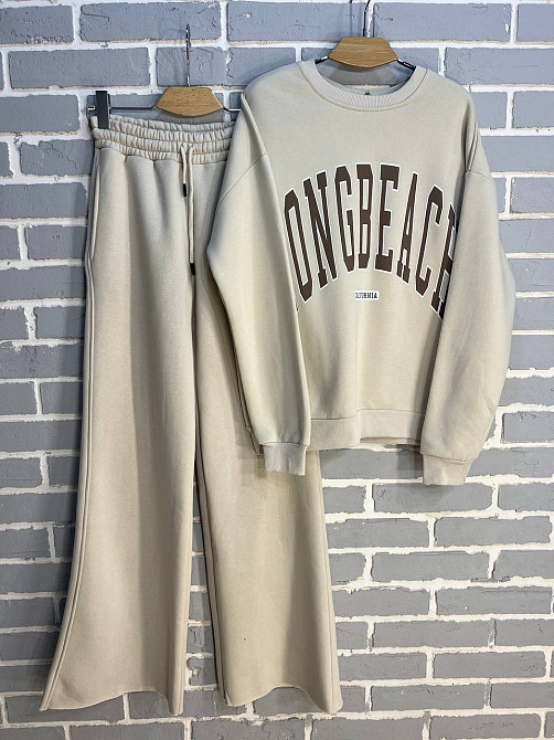 Костюм жіночий Quzen 388-488 подовжений світшот напис брюки палаццо широкі утеплений на флісі світло Одеса - фото 2