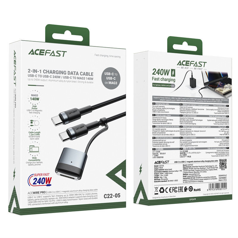 Кабель ACEFAST C22-05 USB-C to USB-C / magnetic aluminum alloy charging data cable Black Одесса - изображение 2