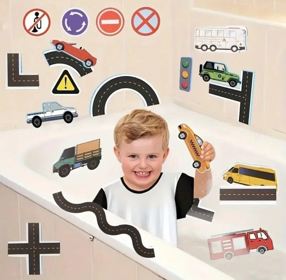 Набір іграшок для ванної дороги та транспорту 23 шт різнокольоровий Київ - фото 1