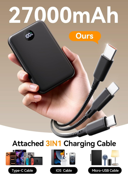 Power Bank LKOYY 27000 мАг, швидка зарядка, USB-C, 2×USB-A, LCD-дисплей, кабель 3-в-1, чорний Київ - фото 2