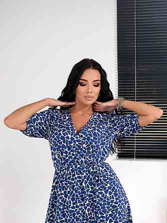 Женское легкое принтованное платье с имитацией запаха шелковый софт Синий, 44/46 Одесса