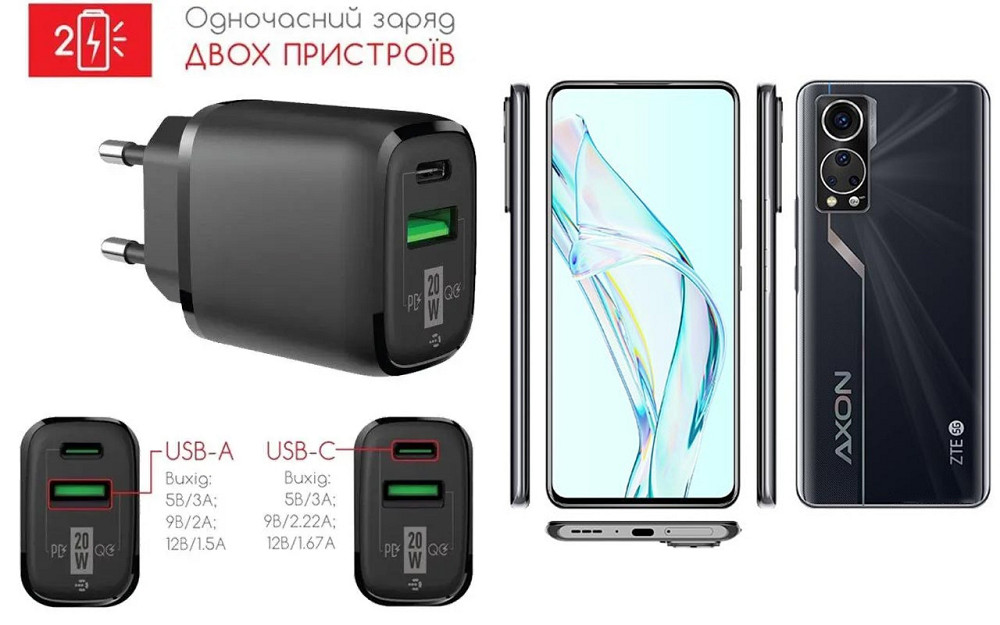 Сетевое зарядное устройство для ZTE Axon 30 5G, 20W 3A, Quick Charge 3.0 Киев - изображение 1