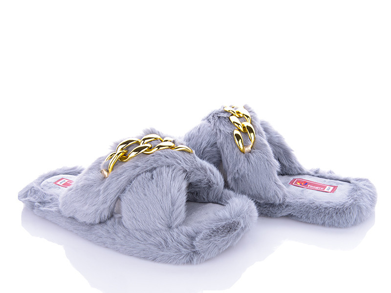 Женские тапочки домашние открытые меховые накрест цепь Серый Одесса - изображение 1