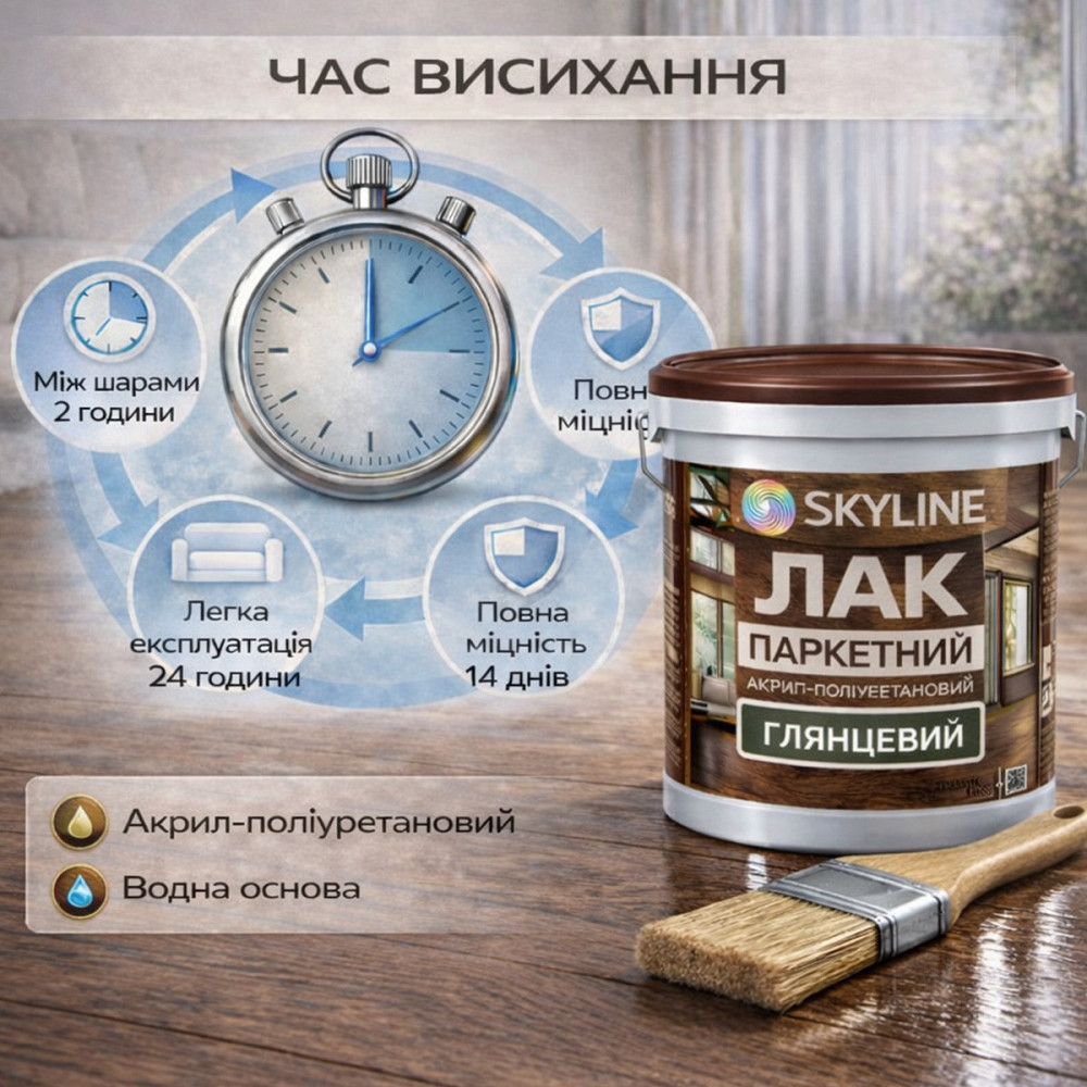 Лак для підлоги глянцевий Skyline паркетний, акрил-поліуретановий, водний, зносостійкий, без запаху, 10 л Харків - фото 7