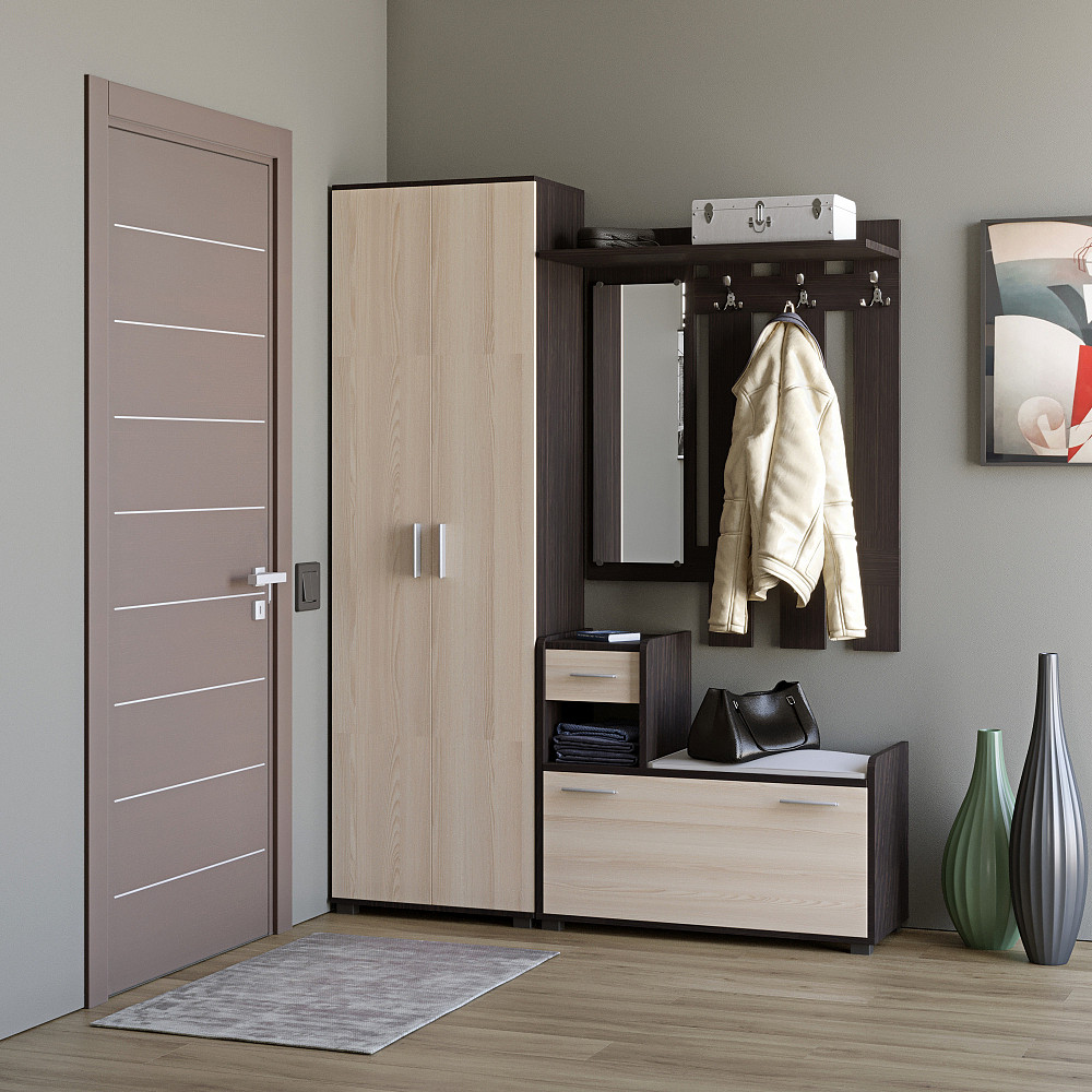 Прихожая Эверест Тандем с распашным шкафом ШП-1 и тумбой (левая) венге темный+дуб молочный (DTM-2353) Львов - изображение 1