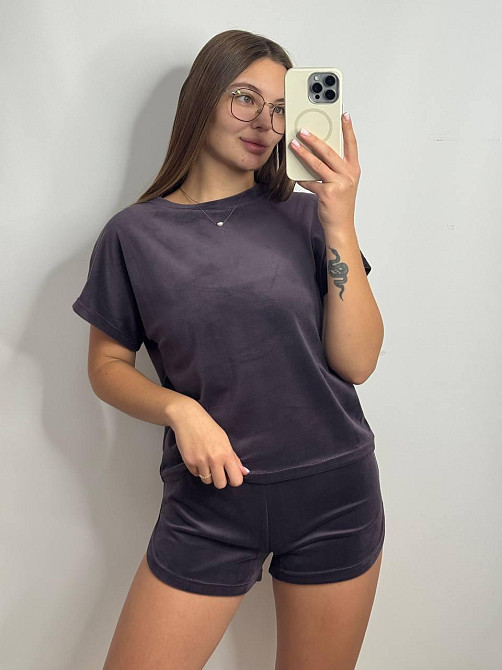 Пижама-комплект (футболка+шорти+штаны) из плюшевого велюра Шоколад M Харьков - изображение 7