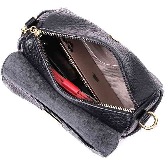 Классическая кожаная женская сумка с оригинальной плечевой лямкой Vintage 22405 Черная Киев