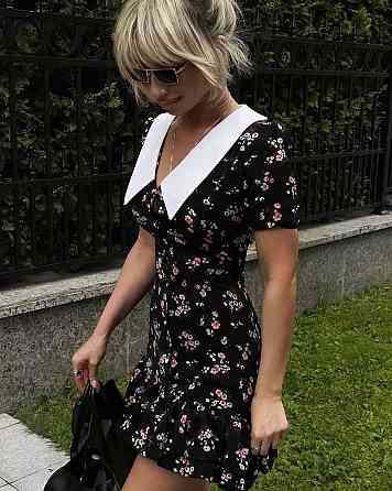 Женское принтованное мини платье на пуговицах с белым воротником турецкий штапель / софт 42/44, Черный Одесса