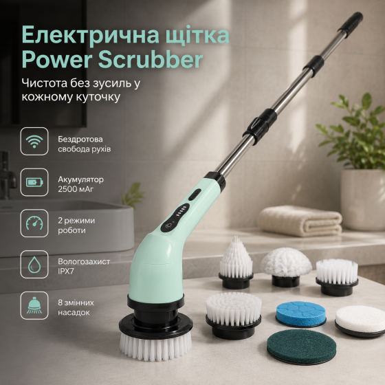 Електрична щітка для чищення Power Scrubber бездротова, 8 змінних насадок, акумуляторна щітка для ванної, кухні, підлоги та автомо Київ