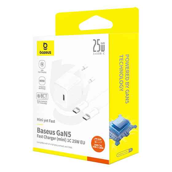 Мережевий зарядний пристрій з кабелем Baseus GaN5 Fast Charger (mini) 1C 25W EU Moon White (with: Fast Charging Data Cable Type-C) Київ