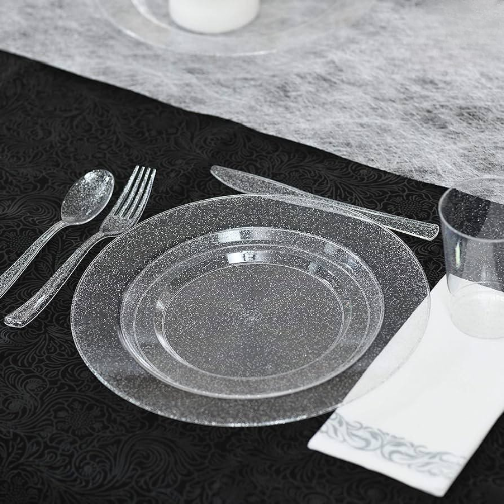 Набір тарілок пластикові 12 штук круглі,обідні 26 см і десертні 19 см, прозорі з блискітками Кам'янець-Подільський - фото 10