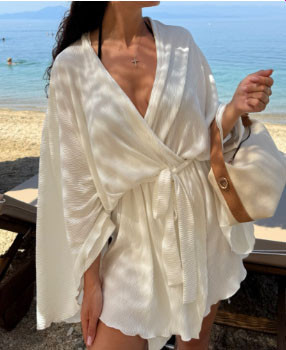 Жіночий халат із тканини стрейч-плісе з поясом Молочний Харків - фото 1