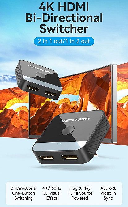 Сплітер HDMI 2.0 UHD 4K 60Hz 3D, HDCP,1080P перемикач двонаправлений 2 IN 1 OUT Vention Вінниця - фото 4