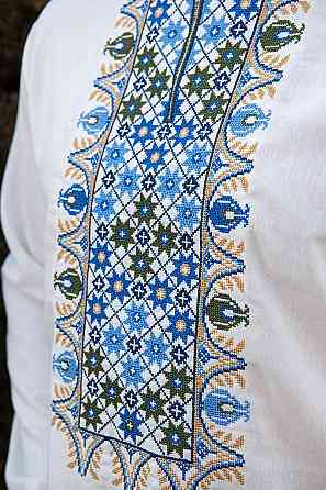 Вышиванка мужская, льняная, с длинным рукавом, молочная, лен   , топ Киев